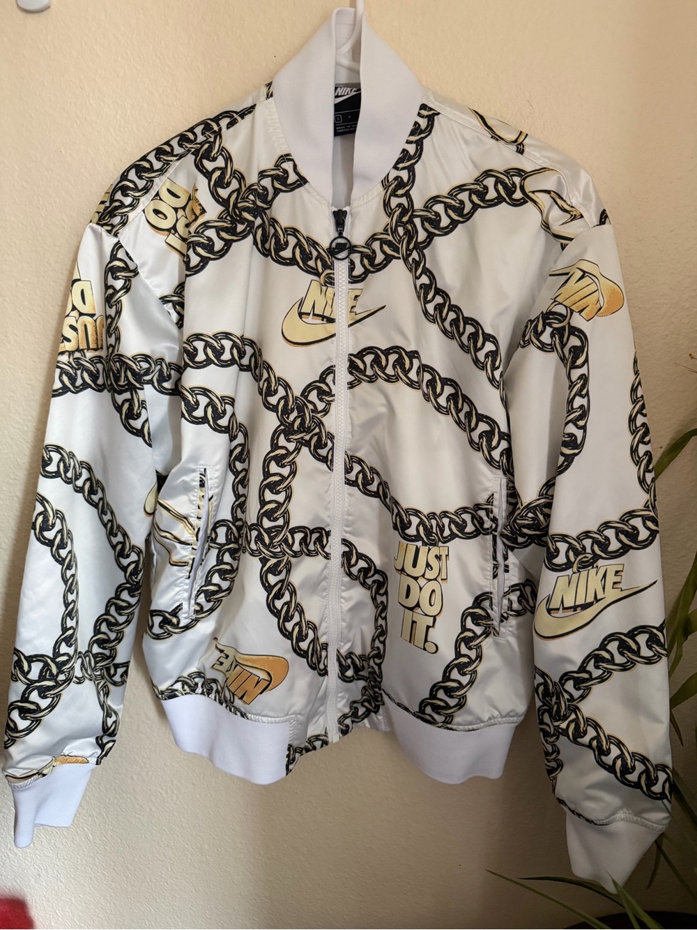 Nike White Bomber Jacket with Gold Chain and Logo Print